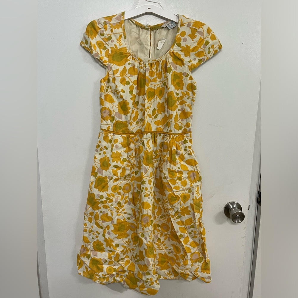 Boden Yellow Floral Linen Dress, size 2